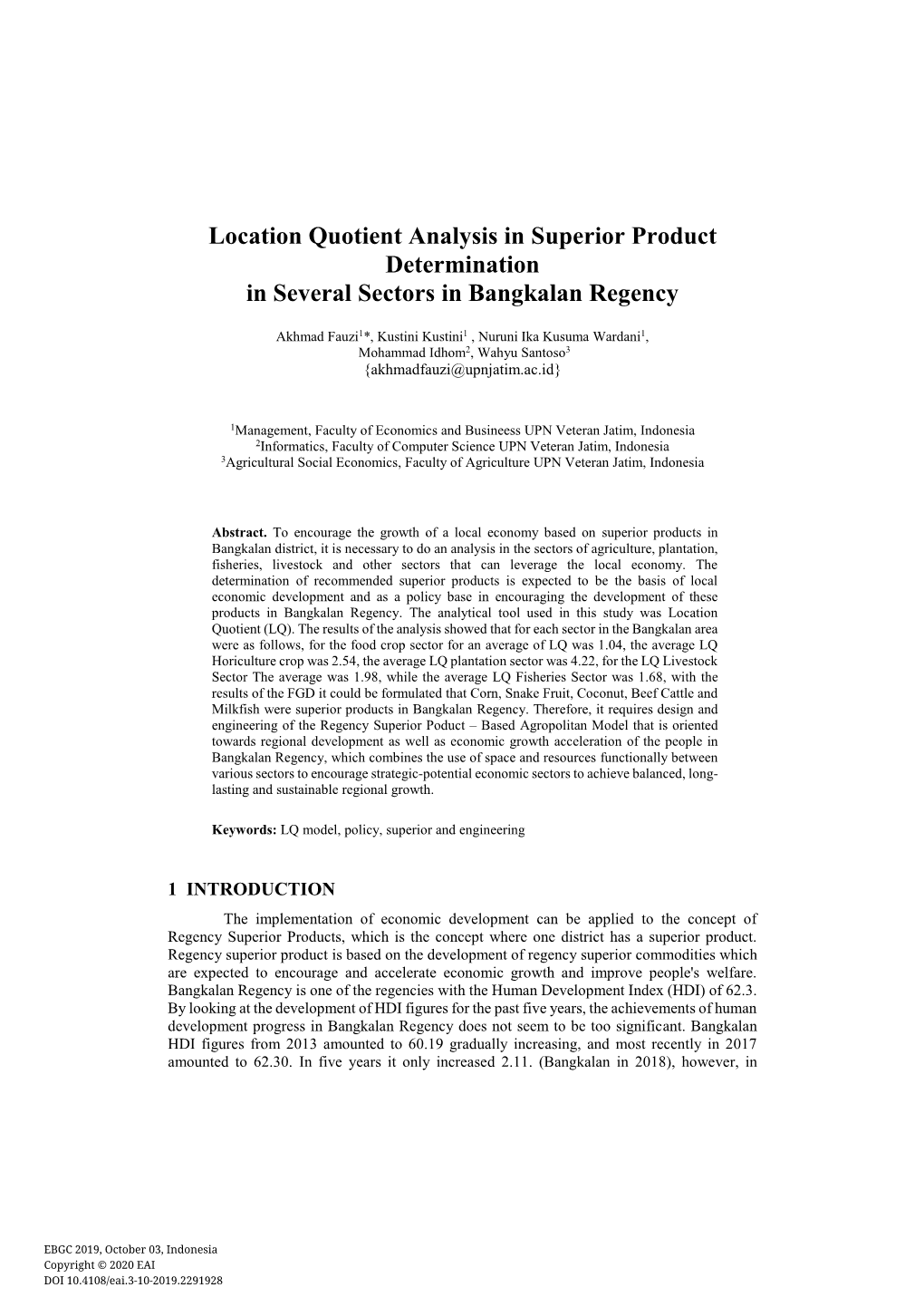 Location Quotient Analysis in Superior Product Determination in Several Sectors in Bangkalan Regency