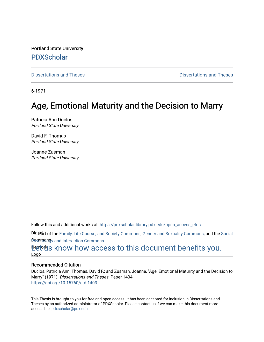 Age, Emotional Maturity and the Decision to Marry