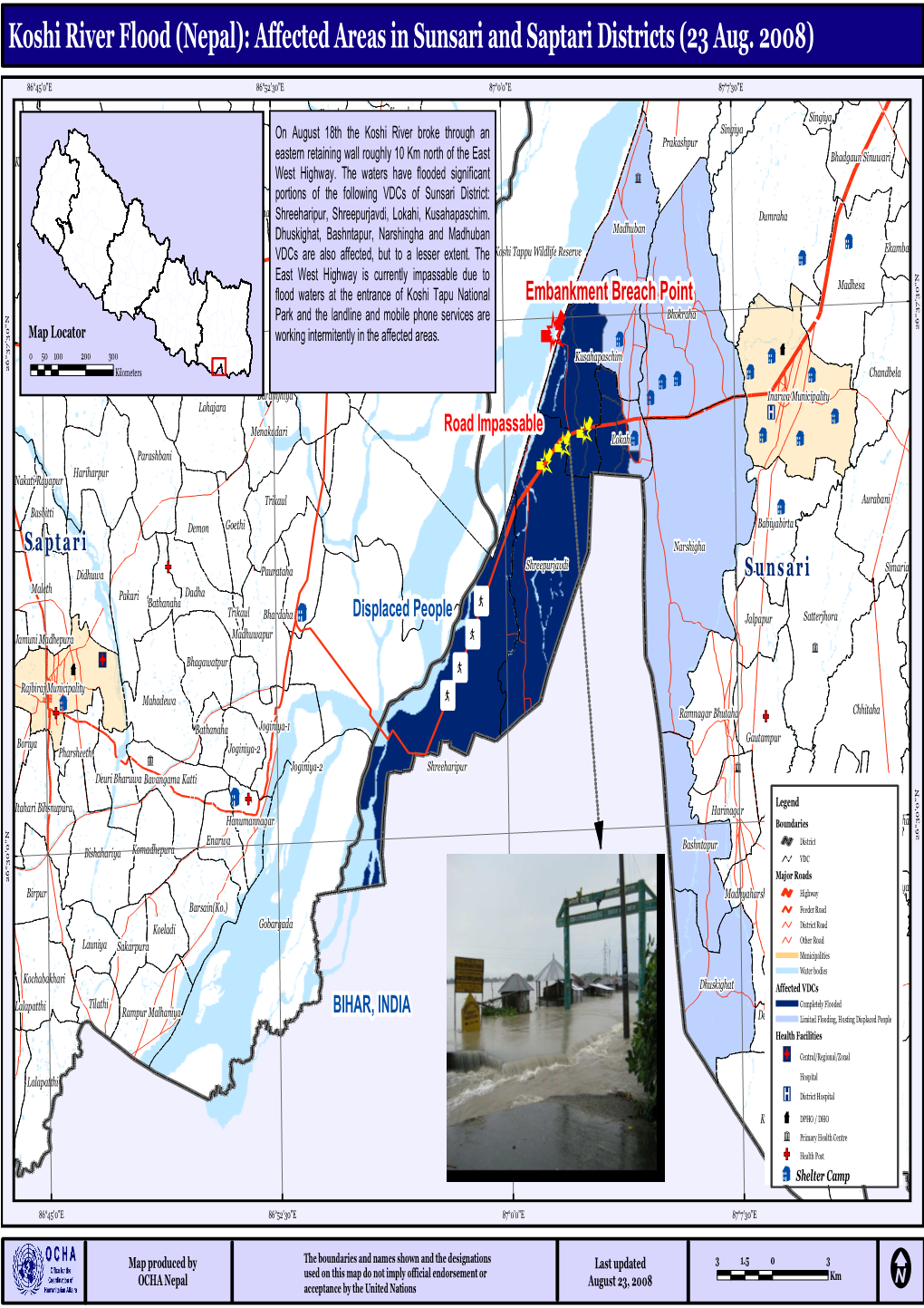 Koshi River Flood (Nepal): Affected Areas in Sunsari and Saptari Districts (23 Aug. 2008)