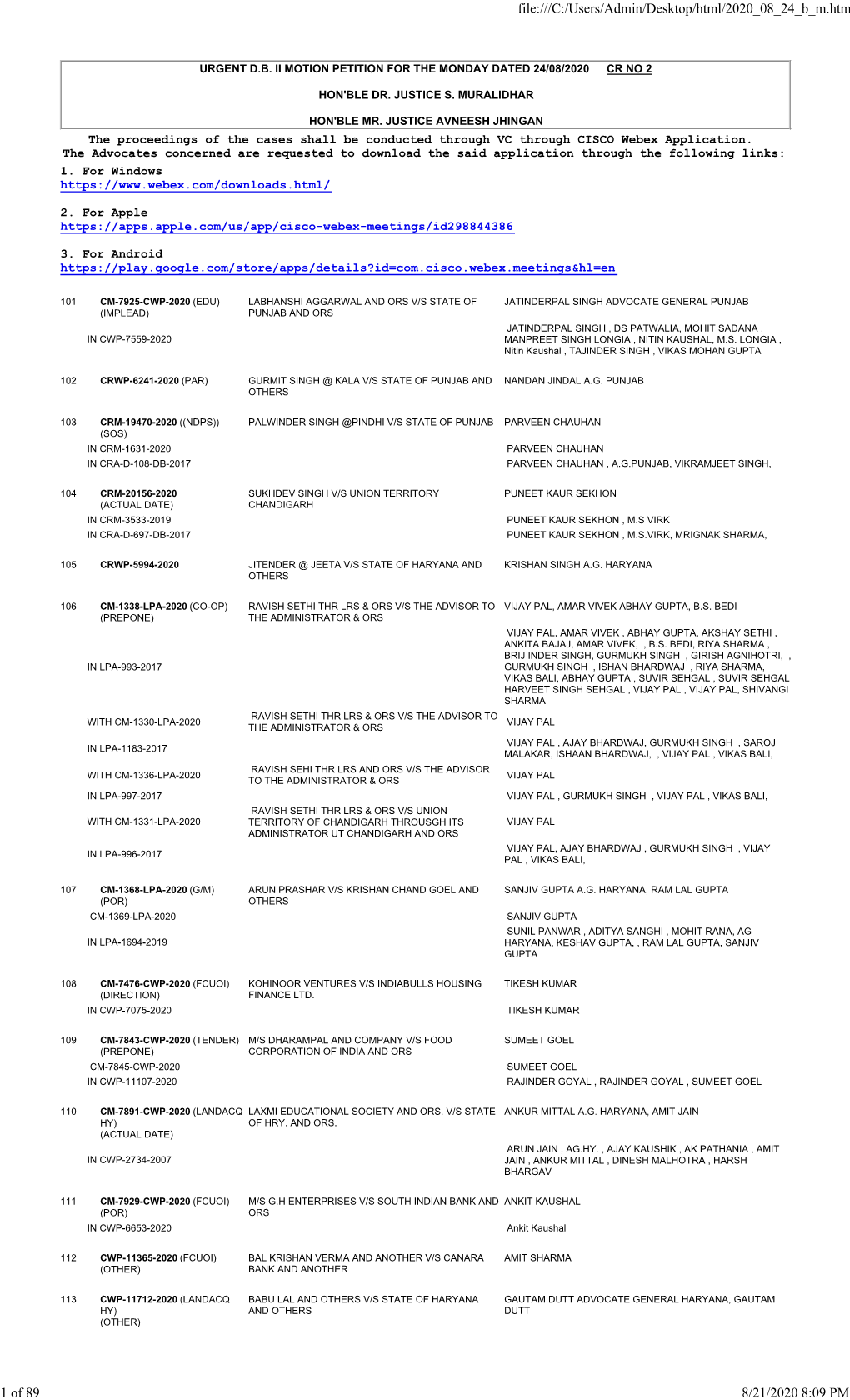 The Proceedings of the Cases Shall Be Conducted Through VC Through CISCO Webex Application