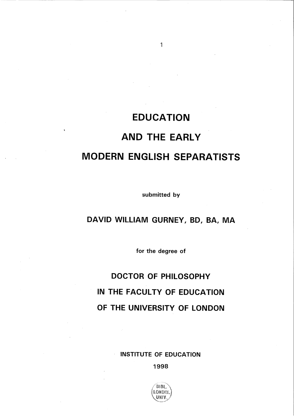 Education and the Early Modern English Separatists