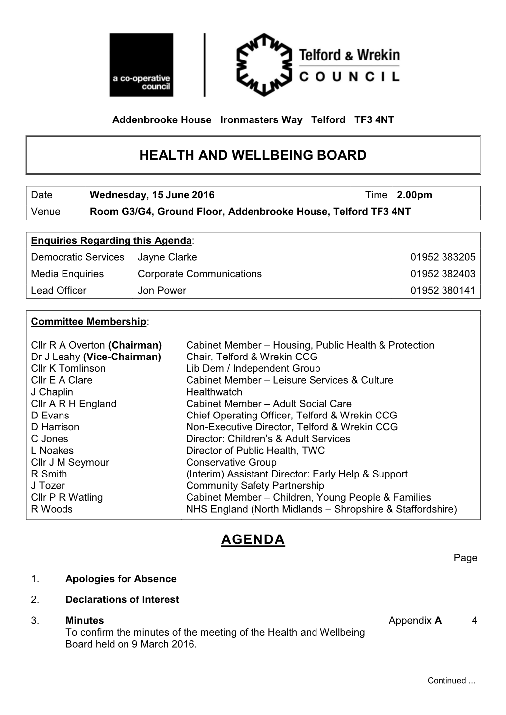 Health and Wellbeing Board Agenda