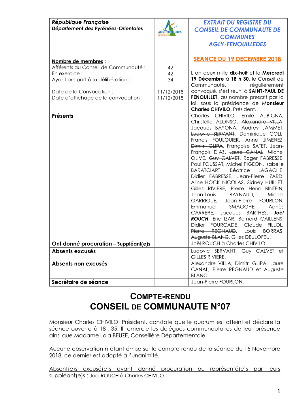 Conseil Communautaire N°07/2018