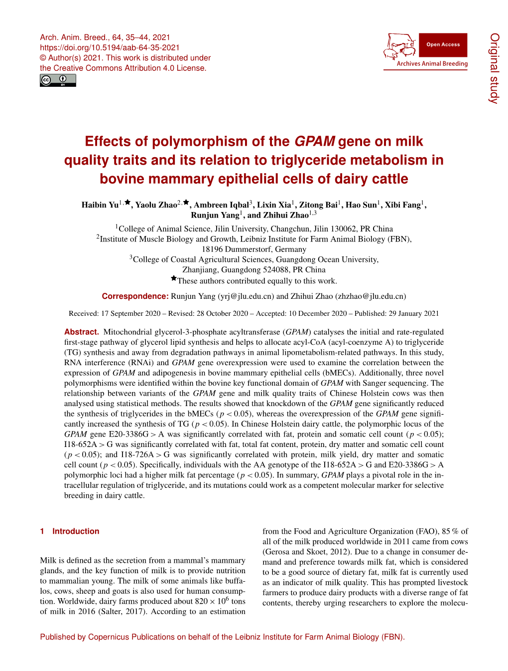 Effects of Polymorphism of the GPAM Gene on Milk Quality Traits and Its Relation to Triglyceride Metabolism in Bovine Mammary Epithelial Cells of Dairy Cattle