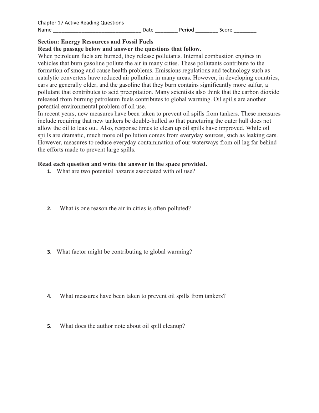 Section: Energy Resources and Fossil Fuels