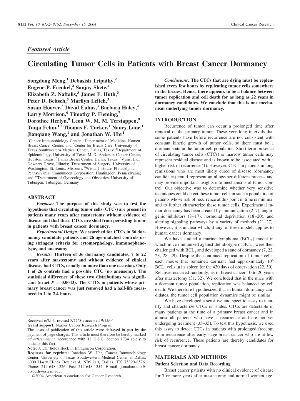 Circulating Tumor Cells in Patients with Breast Cancer Dormancy