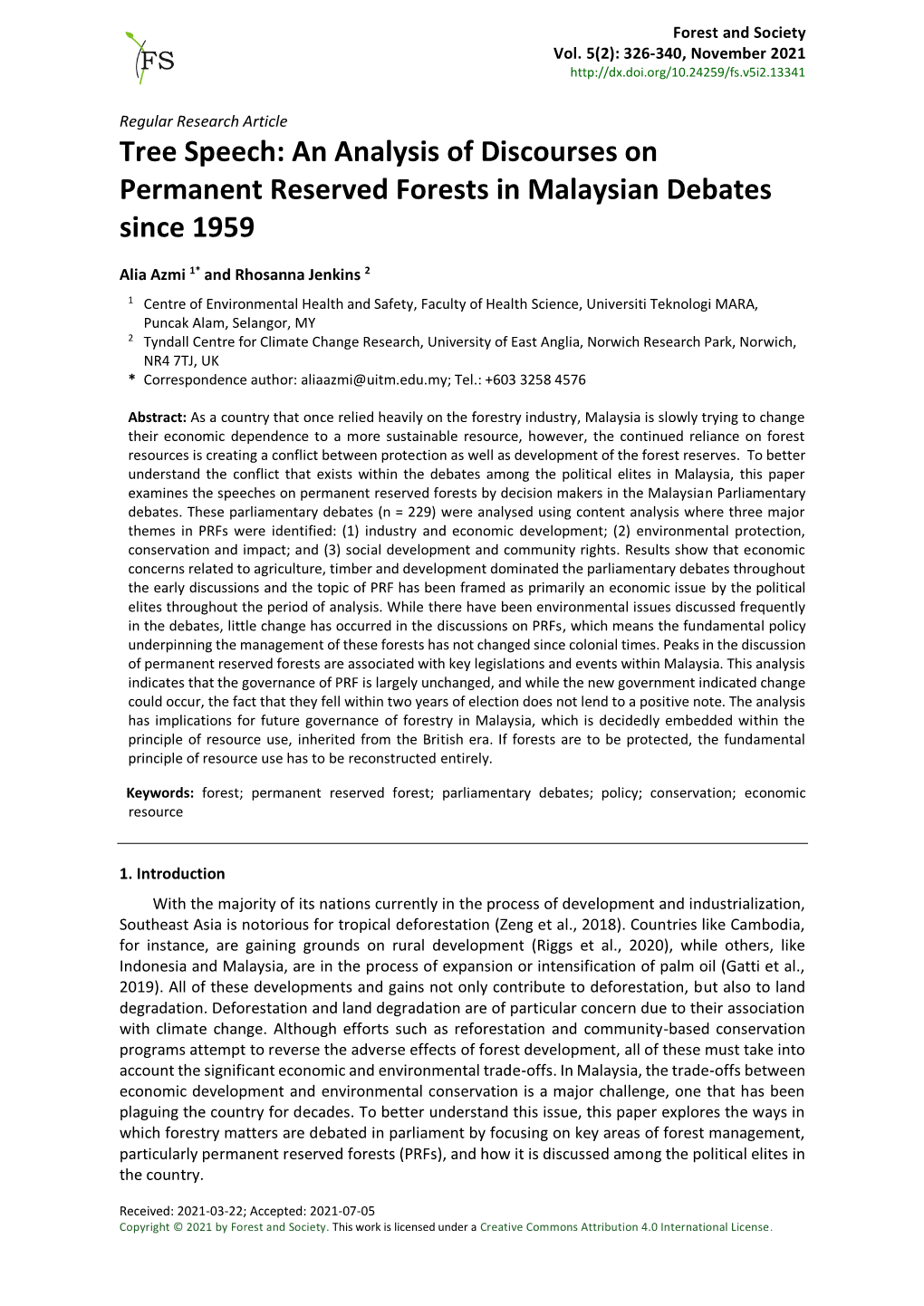 An Analysis of Discourses on Permanent Reserved Forests in Malaysian Debates Since 1959