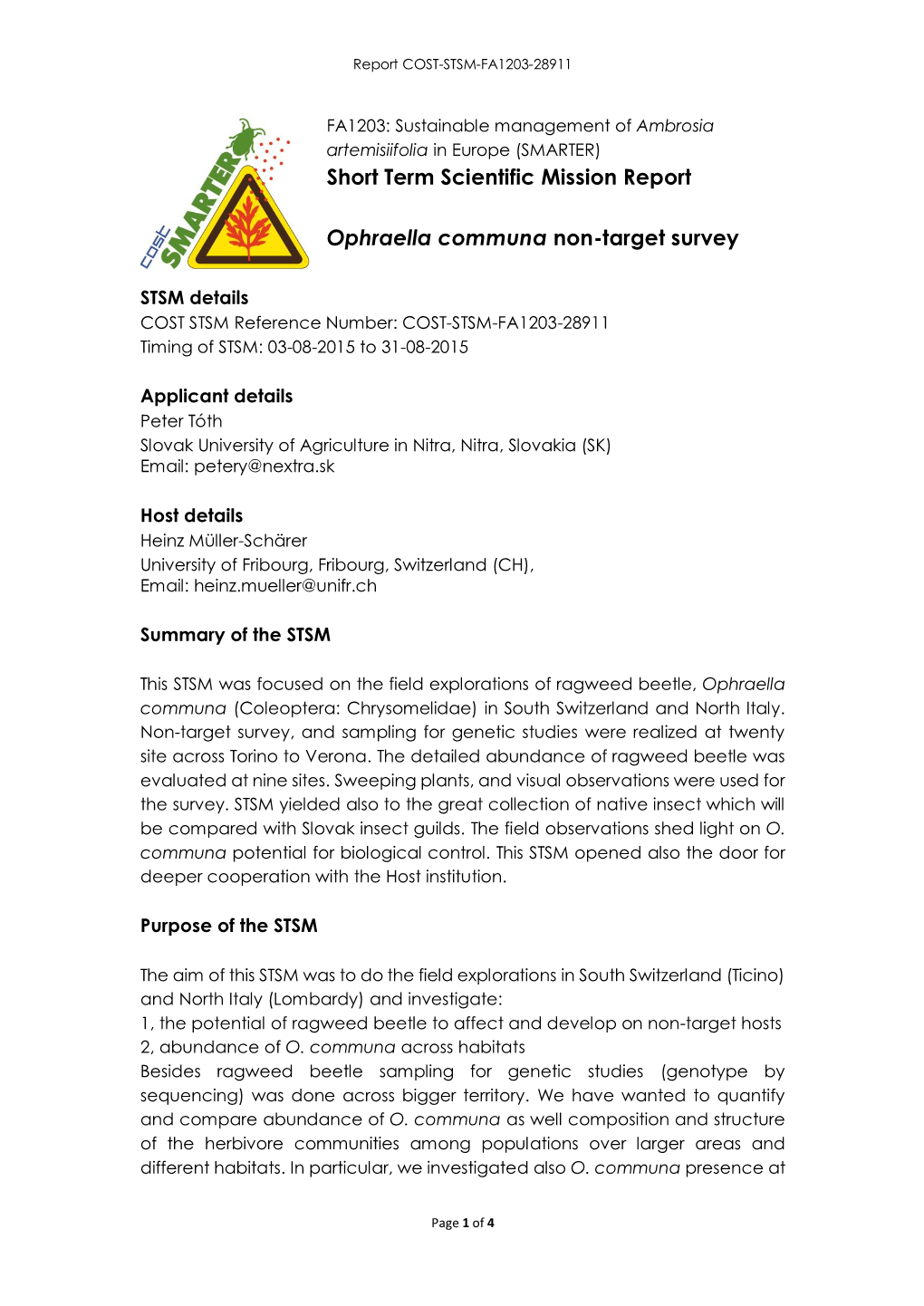 Short Term Scientific Mission Report Ophraella Communa Non-Target