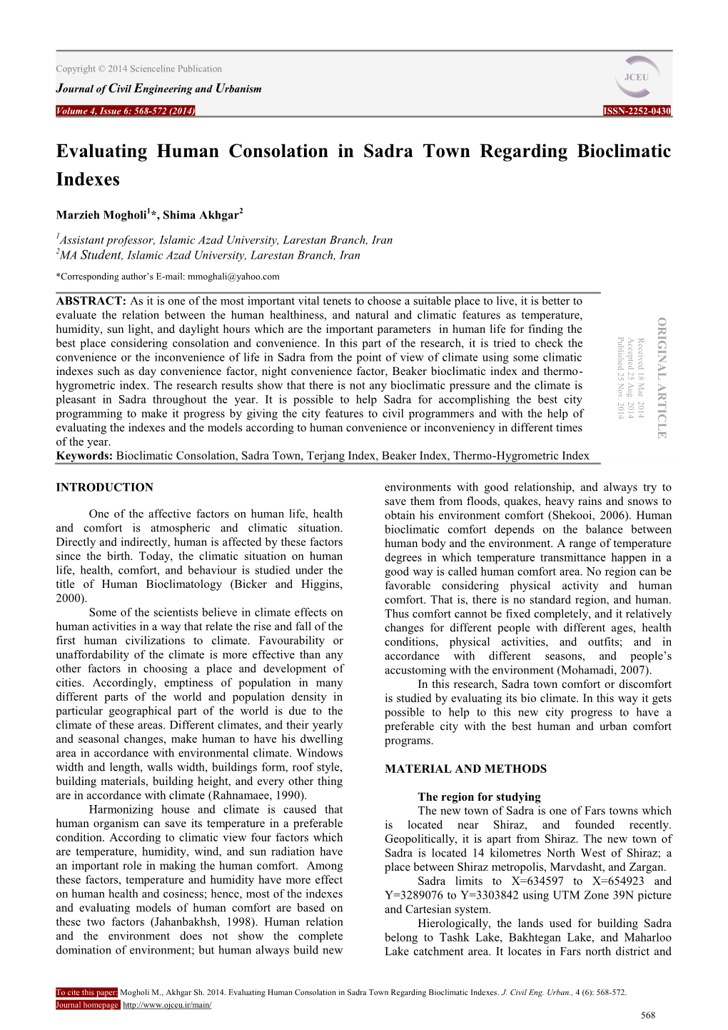 Evaluating Human Consolation in Sadra Town Regarding Bioclimatic Indexes