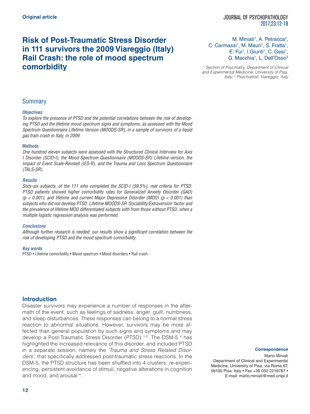 Risk of Post-Traumatic Stress Disorder in 111 Survivors the 2009 Viareggio (Italy) Rail Crash: the Role of Mood Spectrum Comorbidity