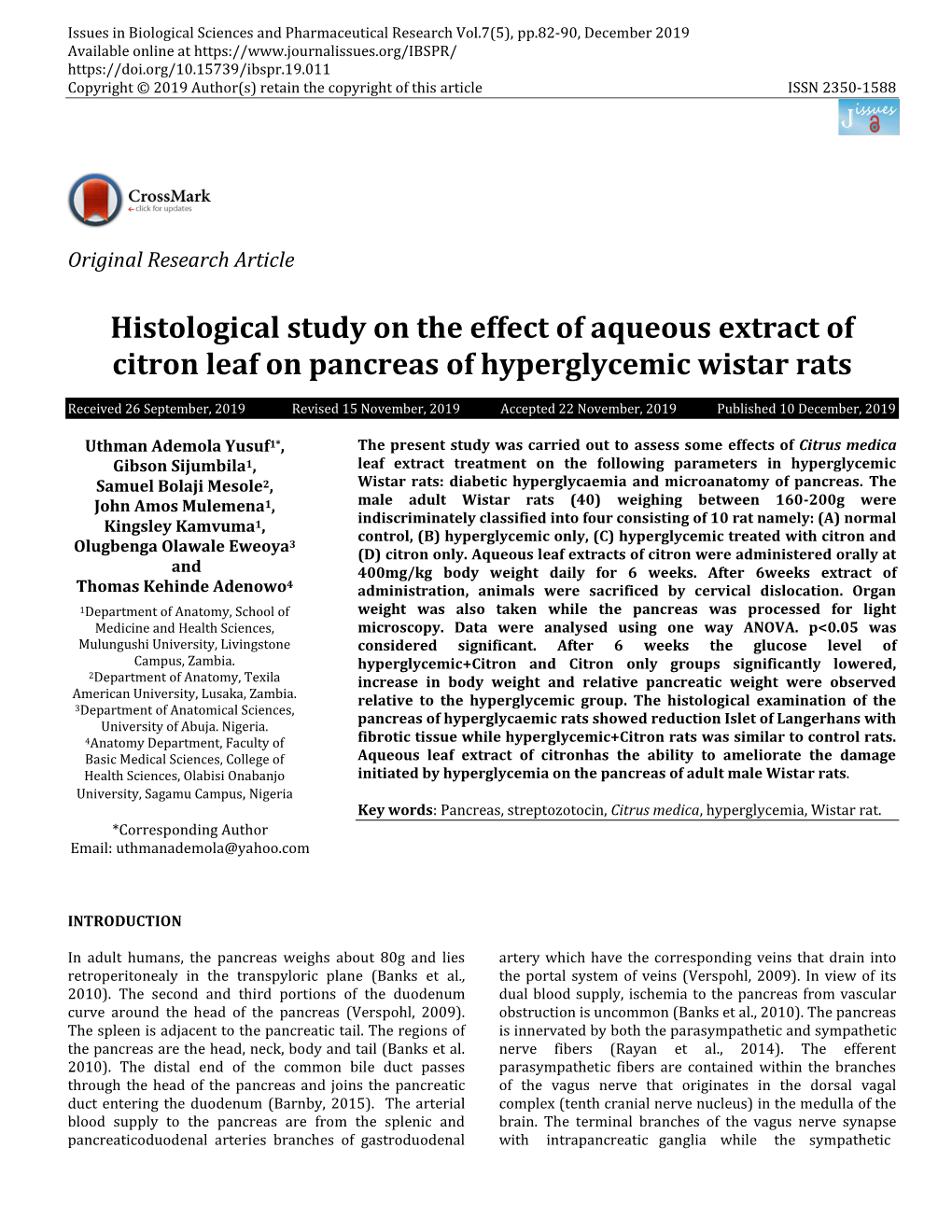 Histological Study on the Effect of Aqueous Extract of Citron Leaf on Pancreas of Hyperglycemic Wistar Rats