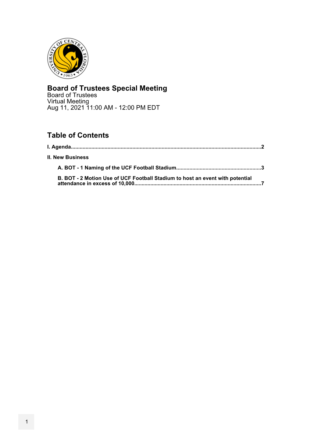 Board of Trustees Special Meeting Table of Contents