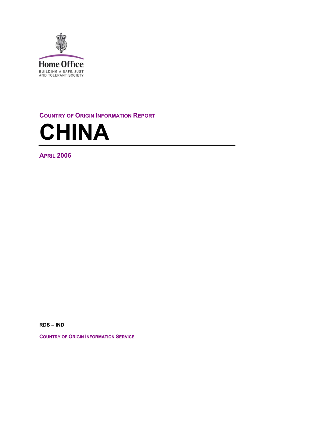 Country of Origin Information Report: China April 2006