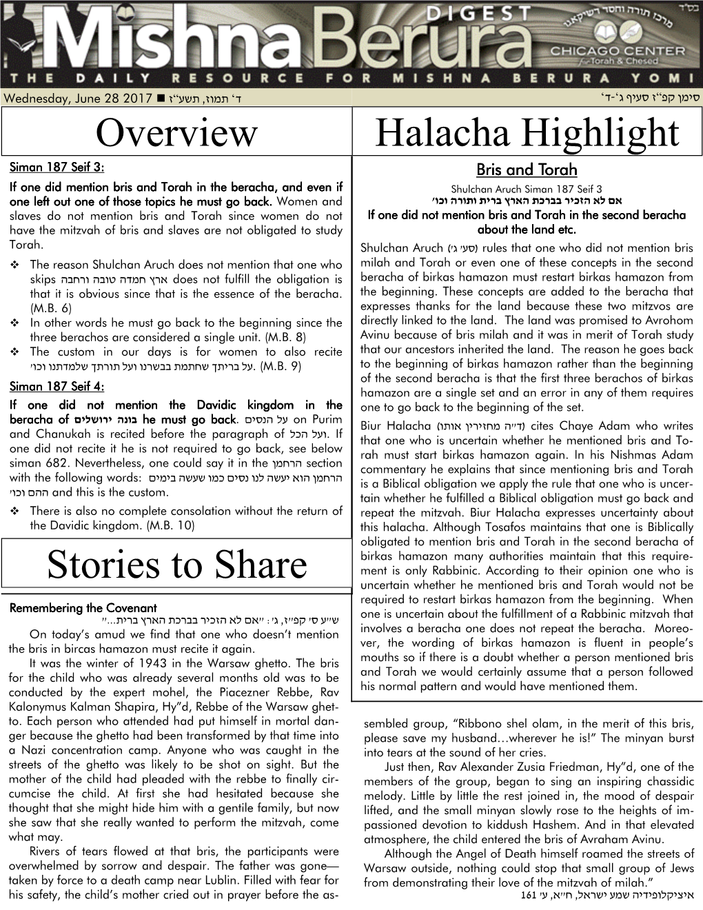 Halacha Highlight Overview Stories to Share