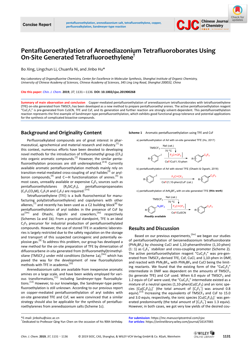 Pentafluoroethylation of Arenediazonium Tetrafluoroborates Using On‐Site Generated Tetrafluoroethylene