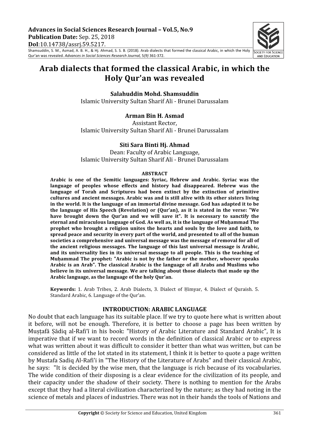 Arab Dialects That Formed the Classical Arabic, in Which the Holy Qur'an Was Revealed