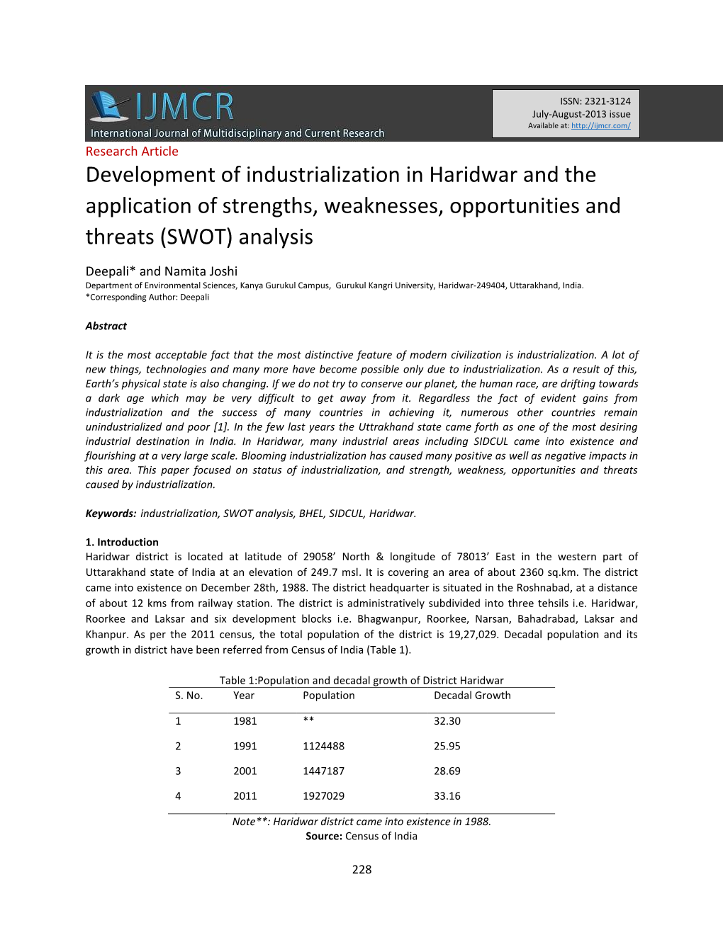 Development of Industrialization in Haridwar and the Application of Strengths, Weaknesses, Opportunities and Threats (SWOT) Analysis