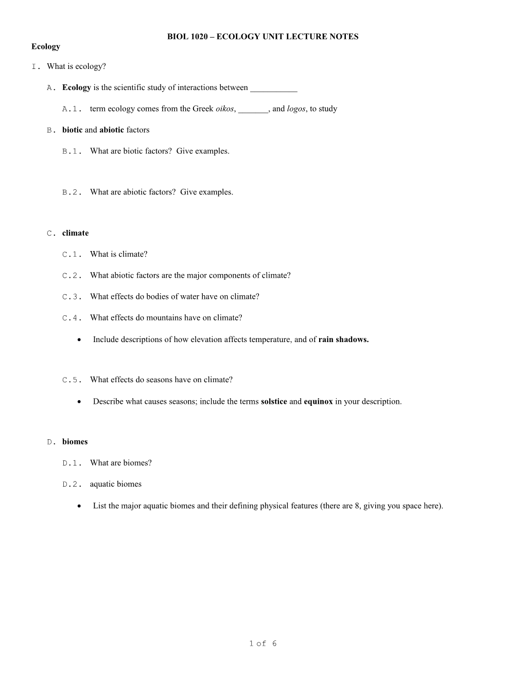 Biol 1020 Ecology Unit Lecture Notes