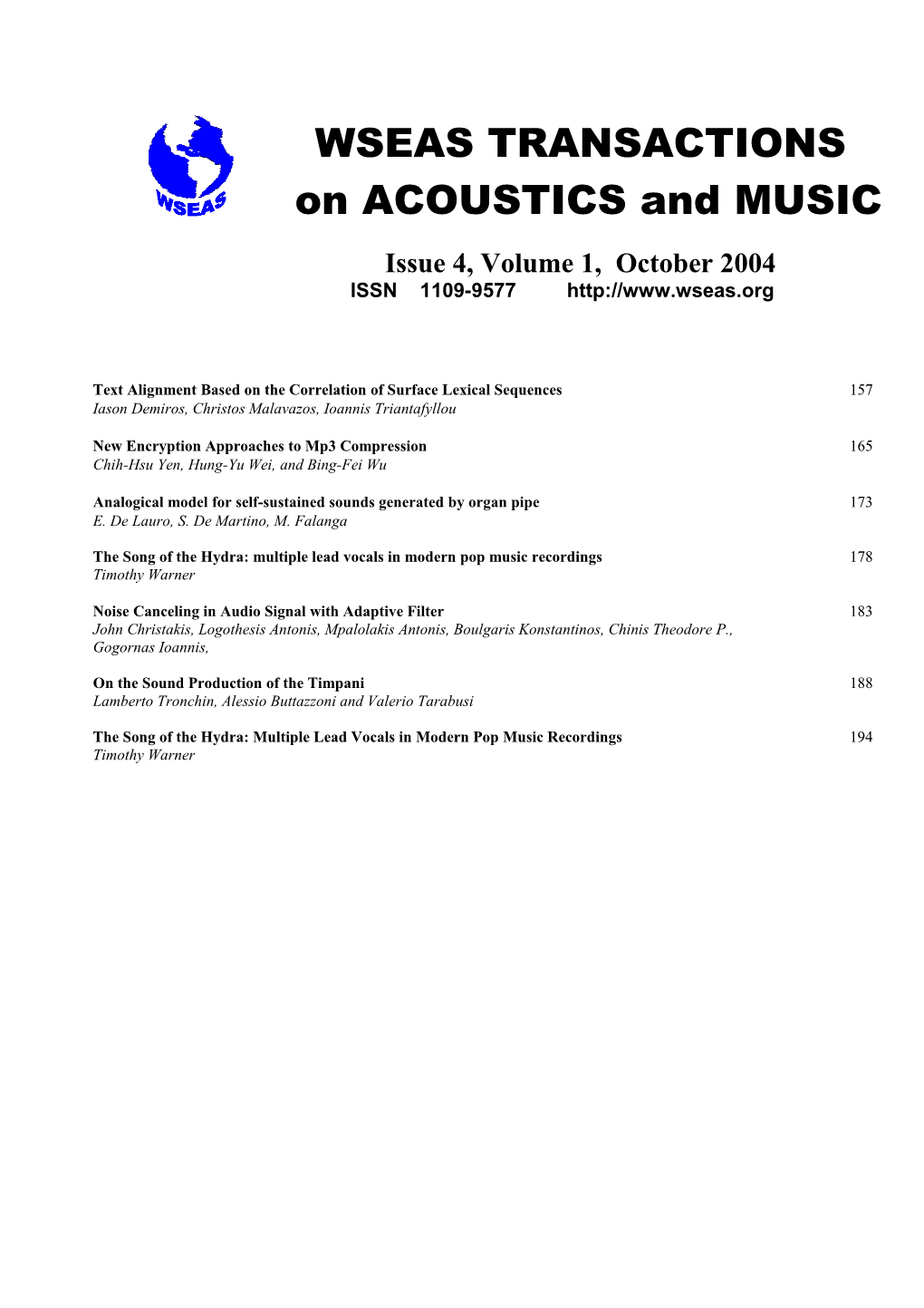 WSEAS Trans. on ACOUSTICS and MUSIC, October 2004