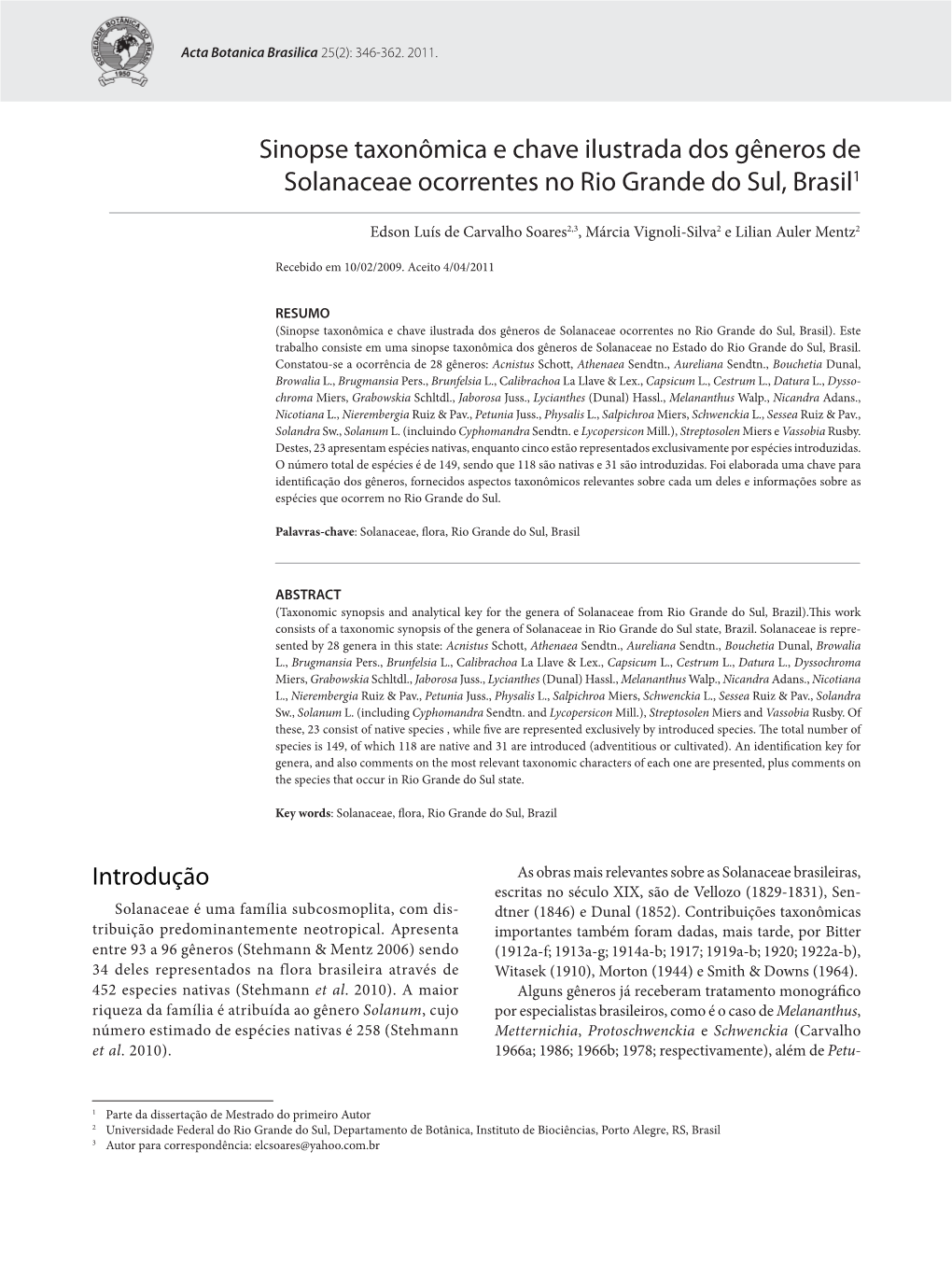 Sinopse Taxonômica E Chave Ilustrada Dos Gêneros De Solanaceae Ocorrentes No Rio Grande Do Sul, Brasil1