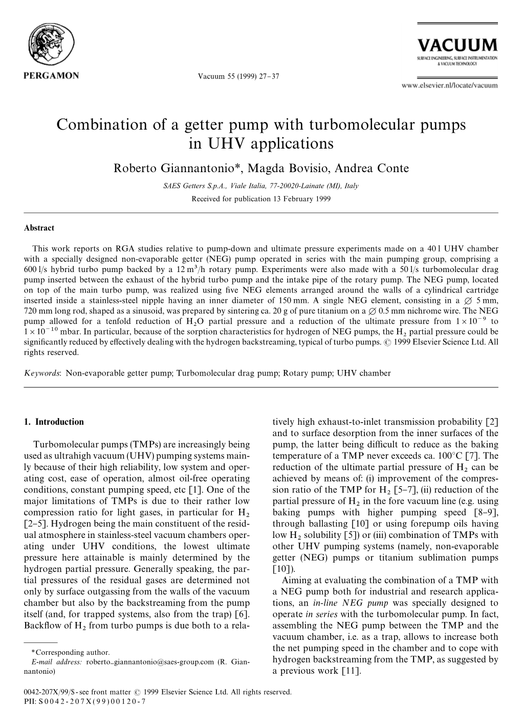 Combination of a Getter Pump with Turbomolecular Pumps in UHV
