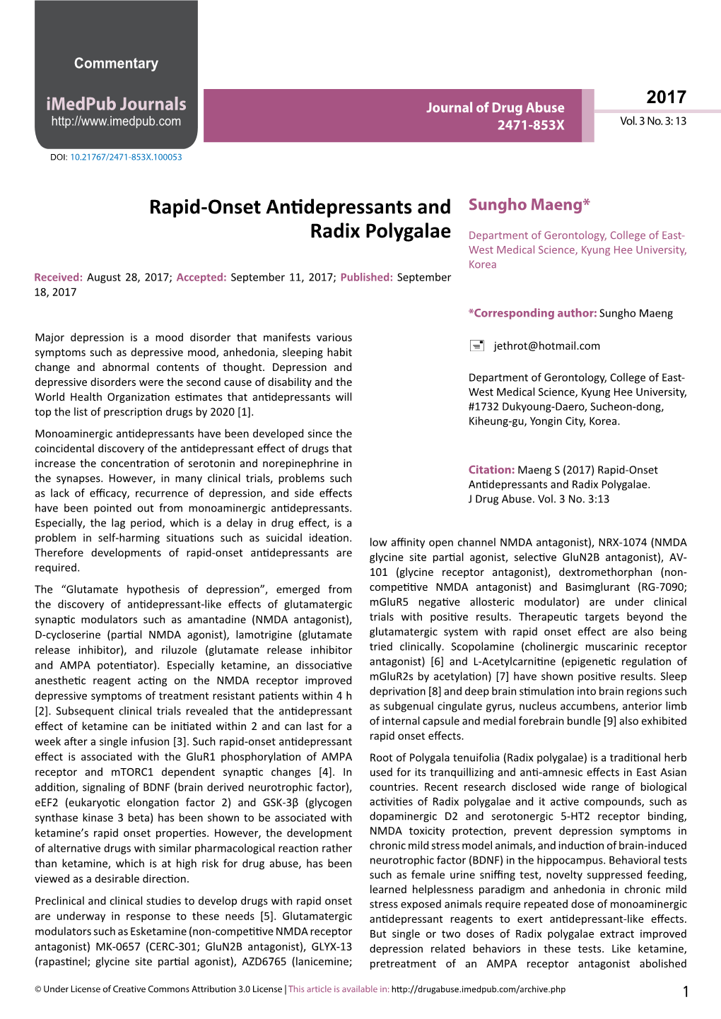 Rapid-Onset Antidepressants and Radix Polygalae