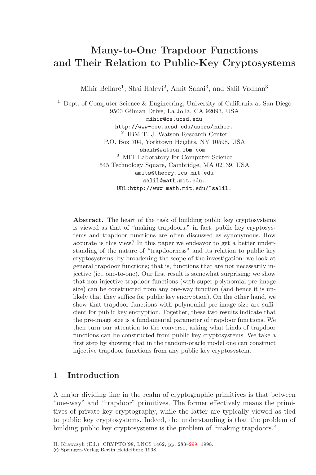 Many-To-One Trapdoor Functions and Their Relation to Public-Key Cryptosystems