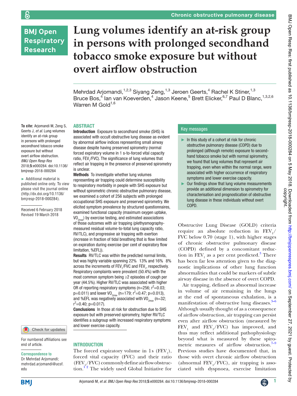 Lung Volumes Identify an At-Risk Group in Persons with Prolonged Secondhand Tobacco Smoke Exposure but Without Overt Airflow Obstruction