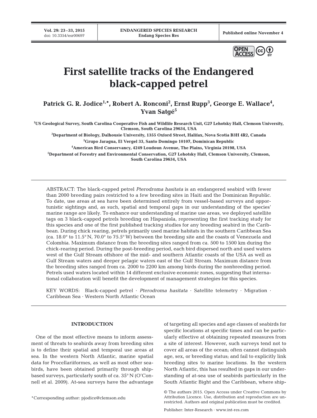 First Satellite Tracks of the Endangered Black-Capped Petrel