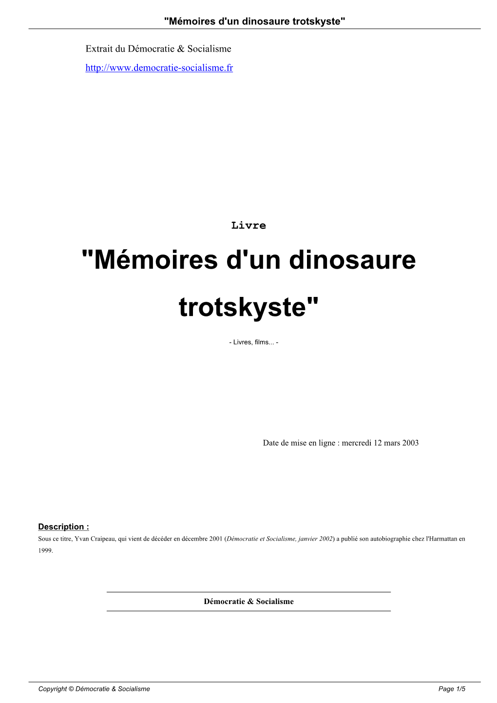 "Mémoires D'un Dinosaure Trotskyste"