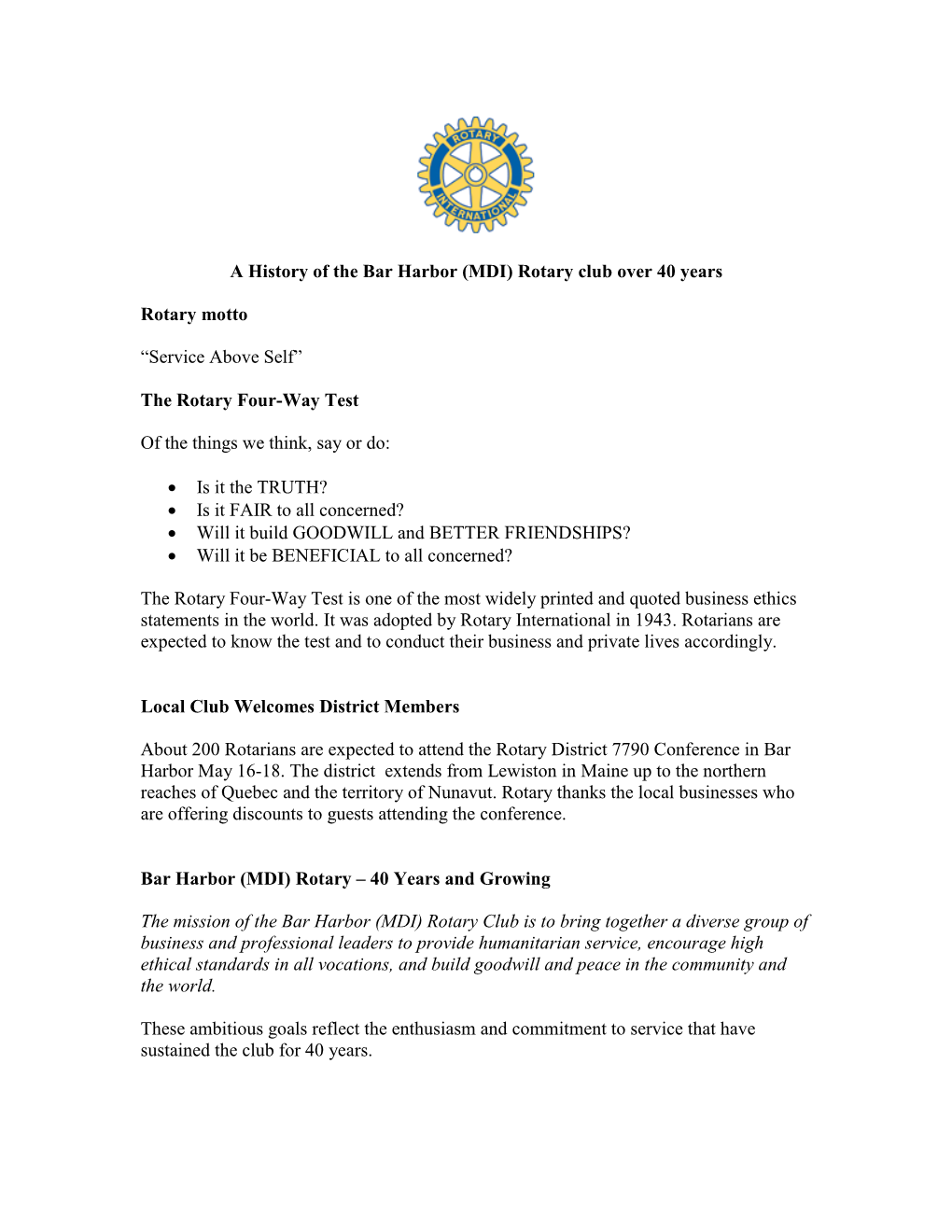 The Bar Harbor (MDI) Rotary Club, a Service Organization Established In