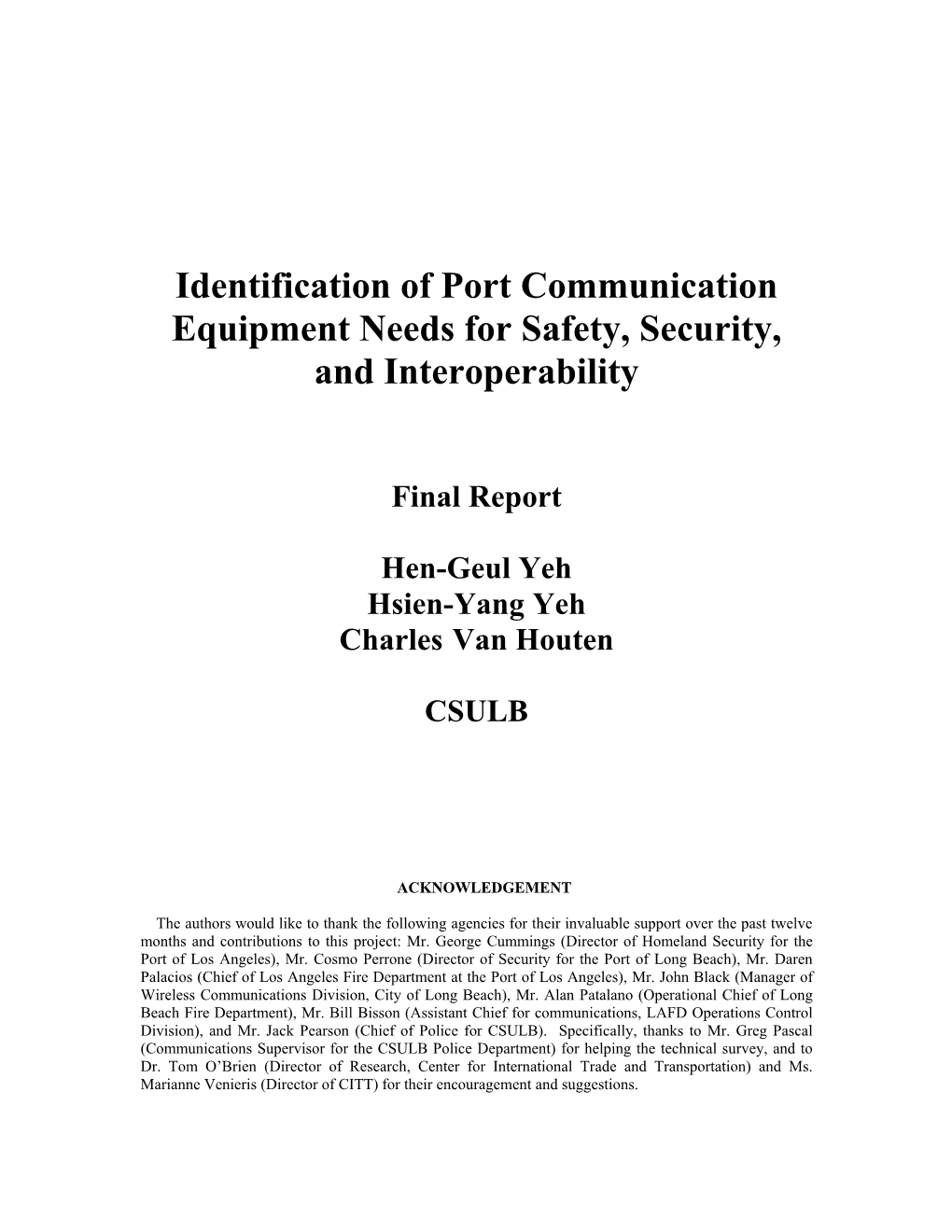 Identification of Port Communication Equipment Needs for Safety, Security, and Interoperability