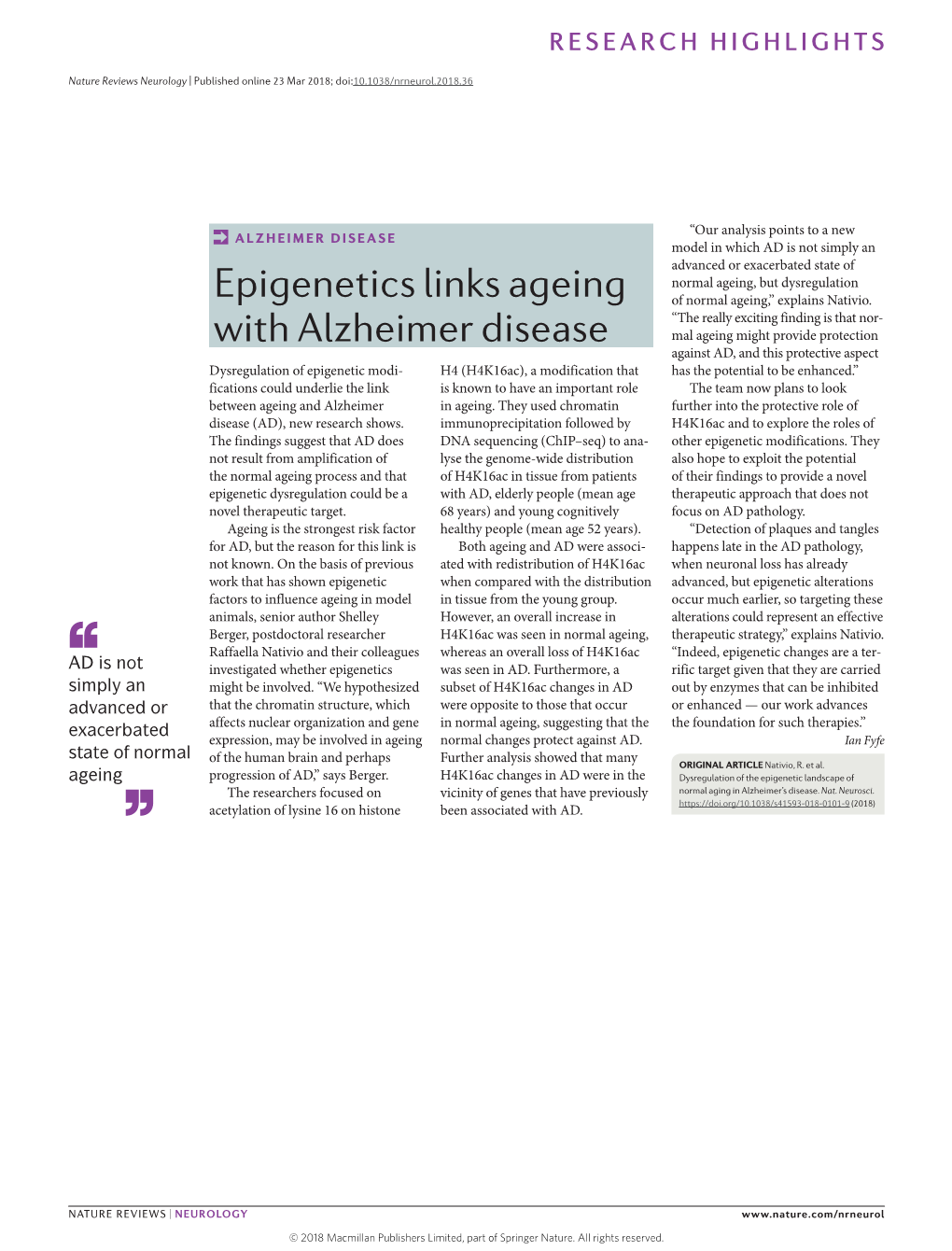 Epigenetics Links Ageing with Alzheimer Disease