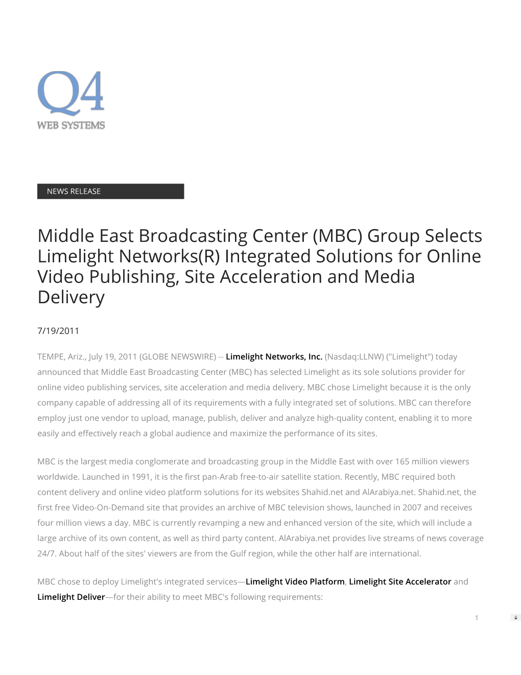Middle East Broadcasting Center (MBC) Group Selects Limelight Networks(R) Integrated Solutions for Online Video Publishing, Site Acceleration and Media Delivery