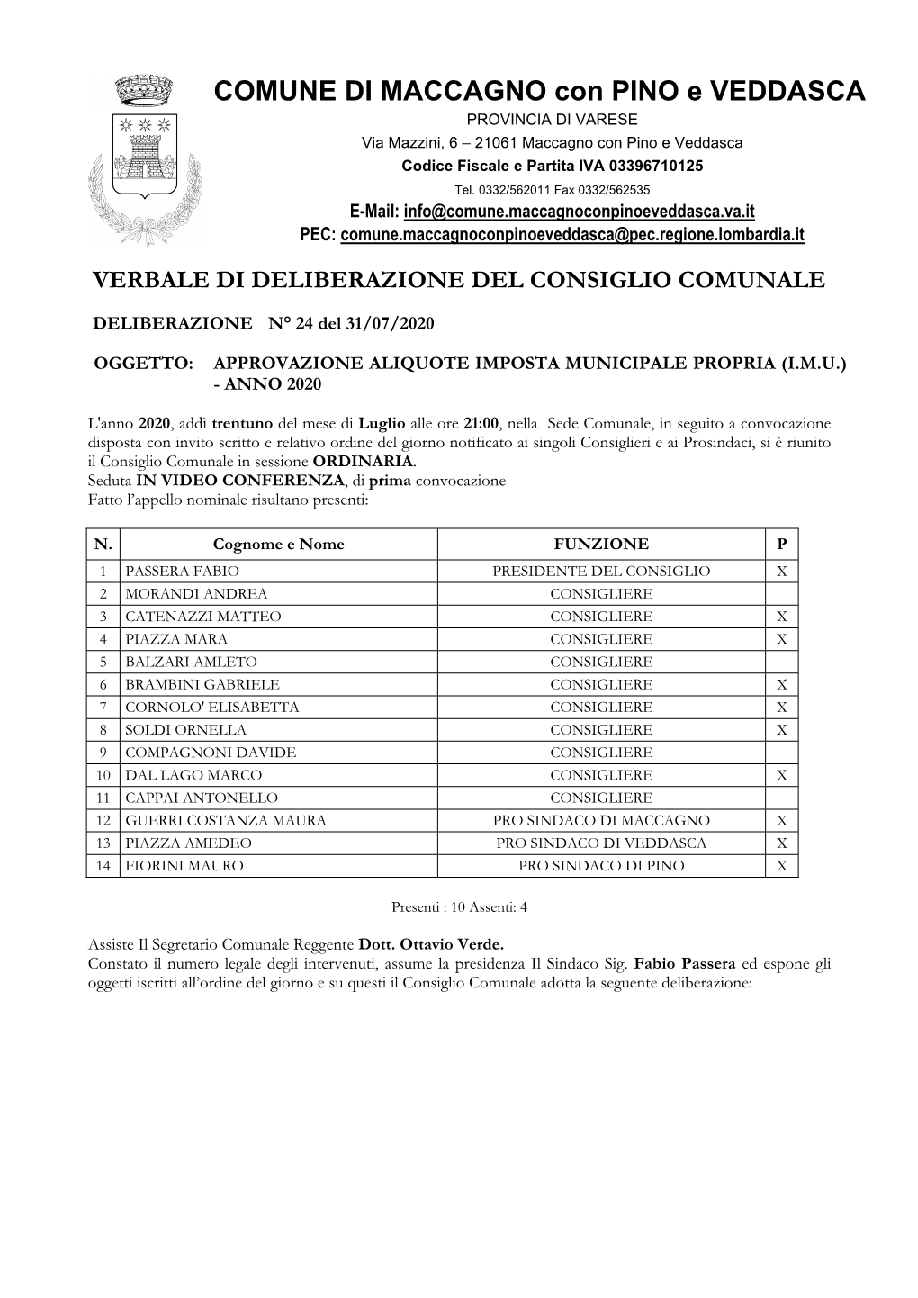 COMUNE DI MACCAGNO Con PINO E VEDDASCA PROVINCIA DI VARESE Via Mazzini, 6 – 21061 Maccagno Con Pino E Veddasca Codice Fiscale E Partita IVA 03396710125 Tel