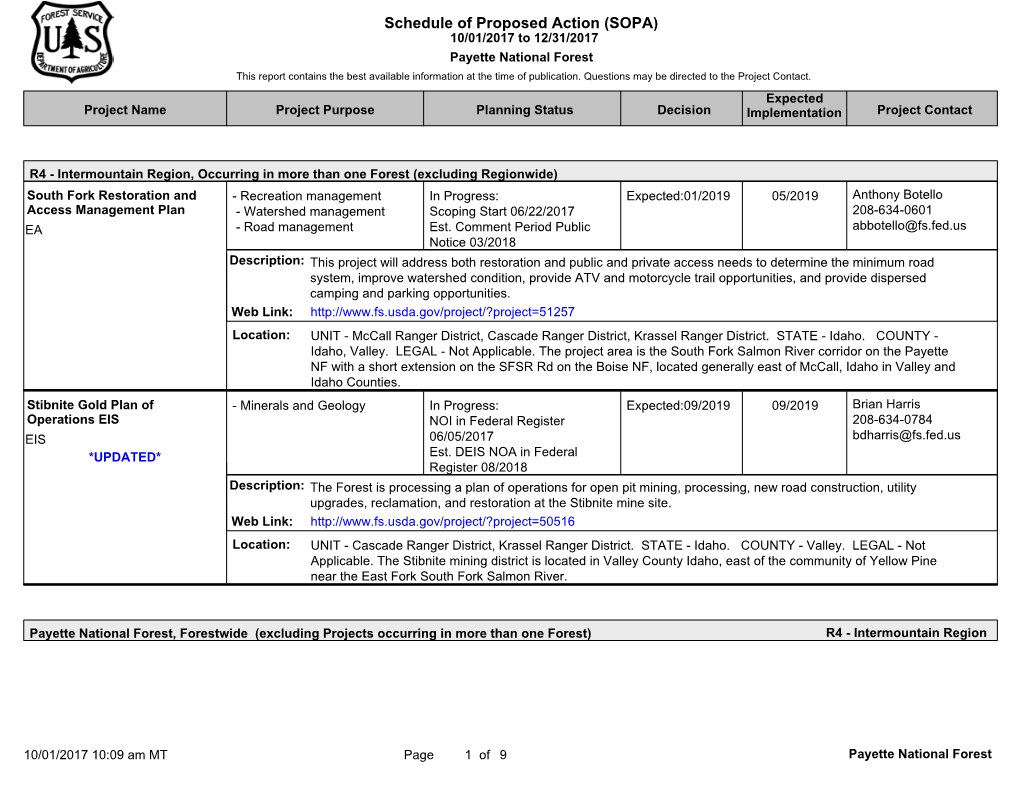 SOPA) 10/01/2017 to 12/31/2017 Payette National Forest This Report Contains the Best Available Information at the Time of Publication