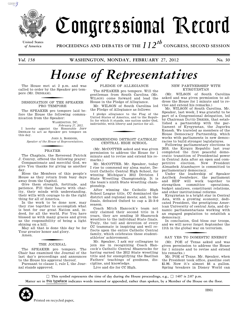 Congressional Record United States Th of America PROCEEDINGS and DEBATES of the 112 CONGRESS, SECOND SESSION