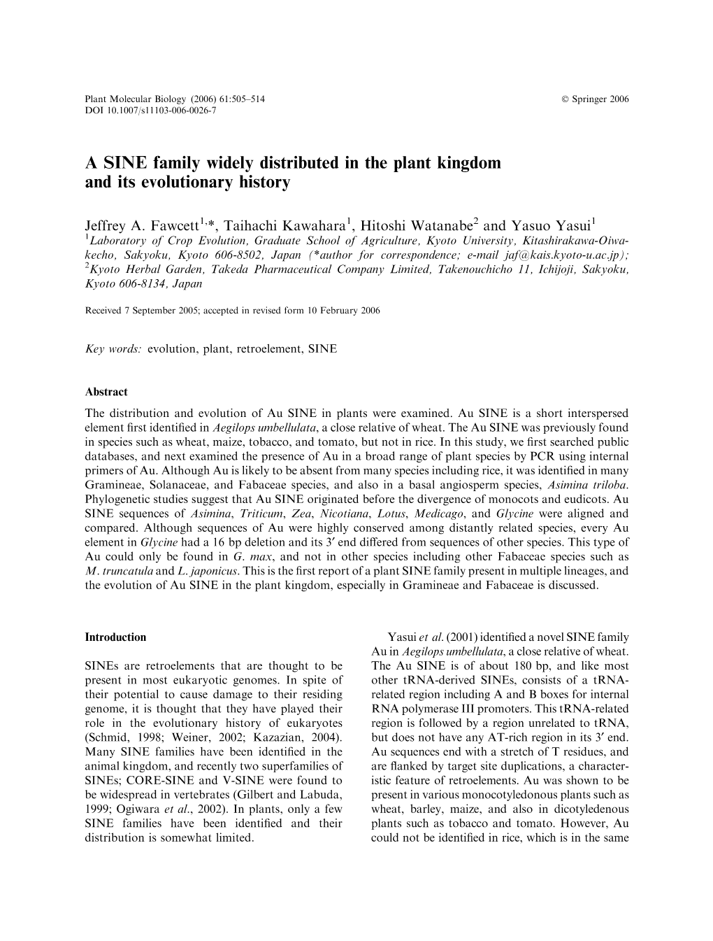 A SINE Family Widely Distributed in the Plant Kingdom and Its Evolutionary History