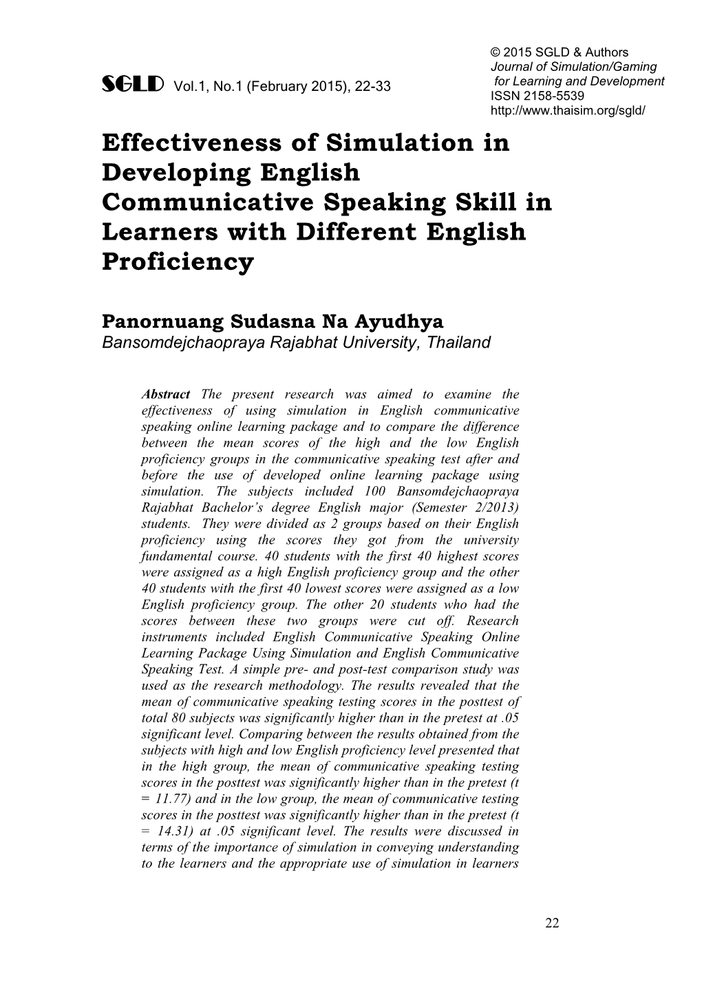 Effectiveness of Simulation in Developing English Communicative Speaking Skill in Learners with Different English Proficiency