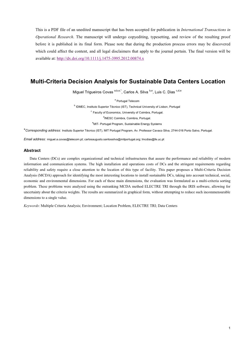 Multi-Criteria Decision Analysis for Sustainable Data Centers Location