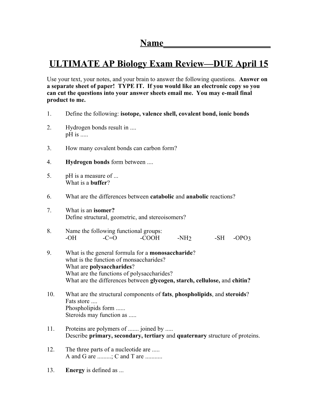 ULTIMATE AP Biology Exam Review DUE April 15