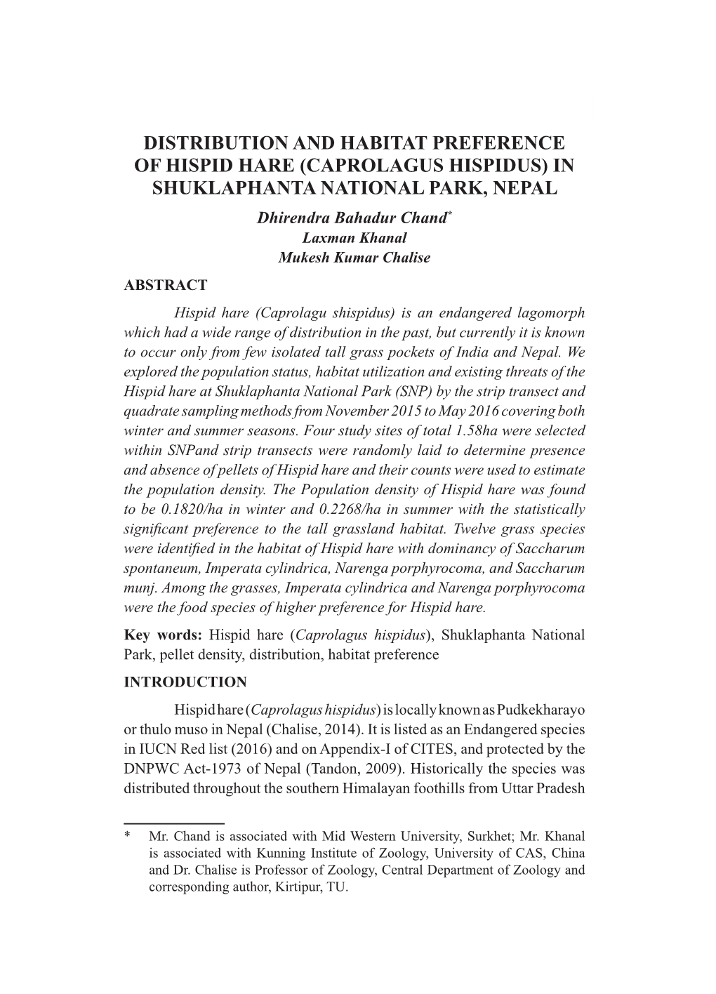 Distribution and Habitat Preference of Hispid Hare (Caprolagus Hispidus) in Shuklaphanta National Park, Nepal