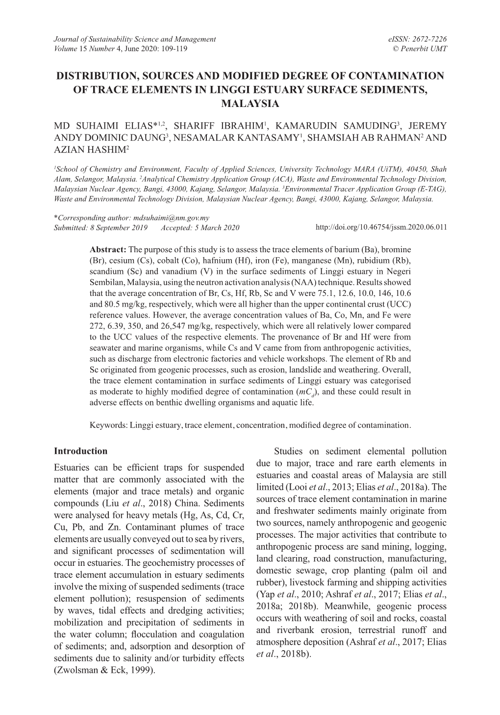 Distribution, Sources and Modified Degree of Contamination of Trace Elements in Linggi Estuary Surface Sediments, Malaysia