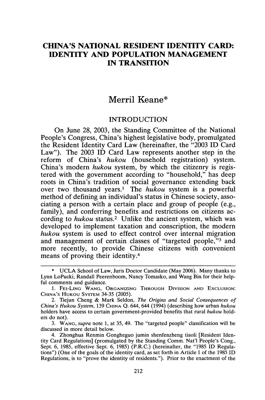 China's National Resident Identity Card: Identity and Population Management in Transition