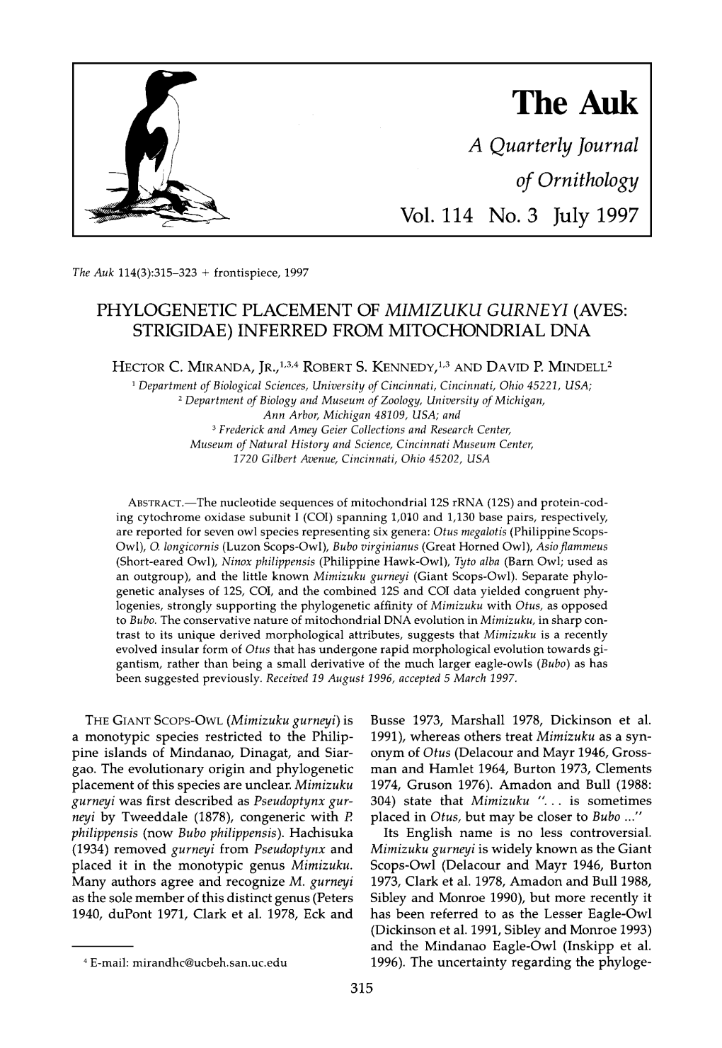 Phylogenetic Placement of Mimizuku Gurneyi (Aves
