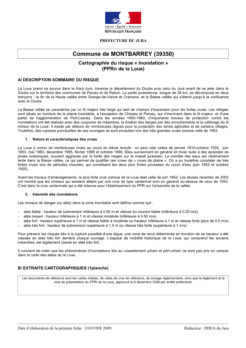 Commune De MONTBARREY (39350) Cartographie Du Risque « Inondation » (Pprn De La Loue)