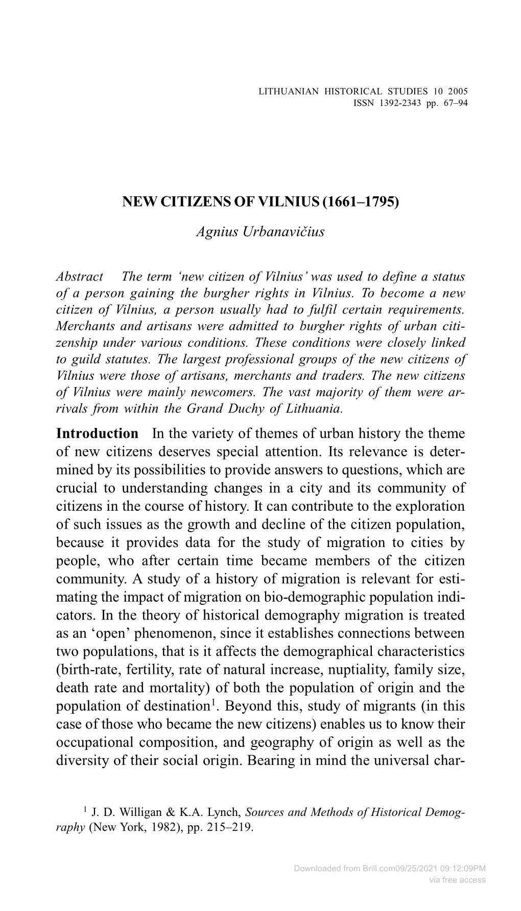 NEW CITIZENS of VILNIUS (1661–1795) Agnius Urbanavičius