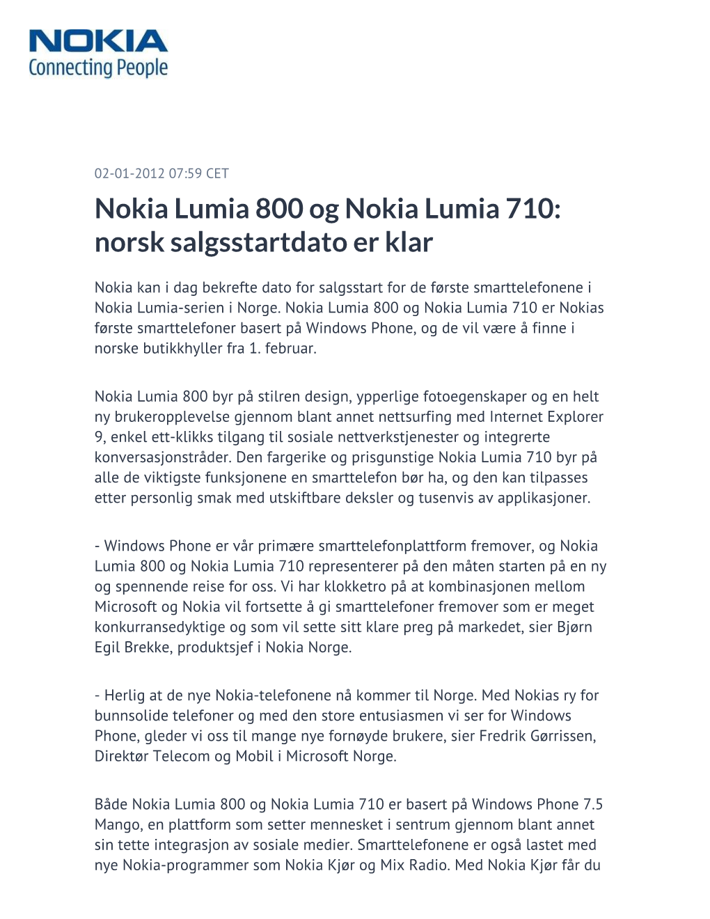 Nokia Lumia 800 Og Nokia Lumia 710: Norsk Salgsstartdato Er Klar