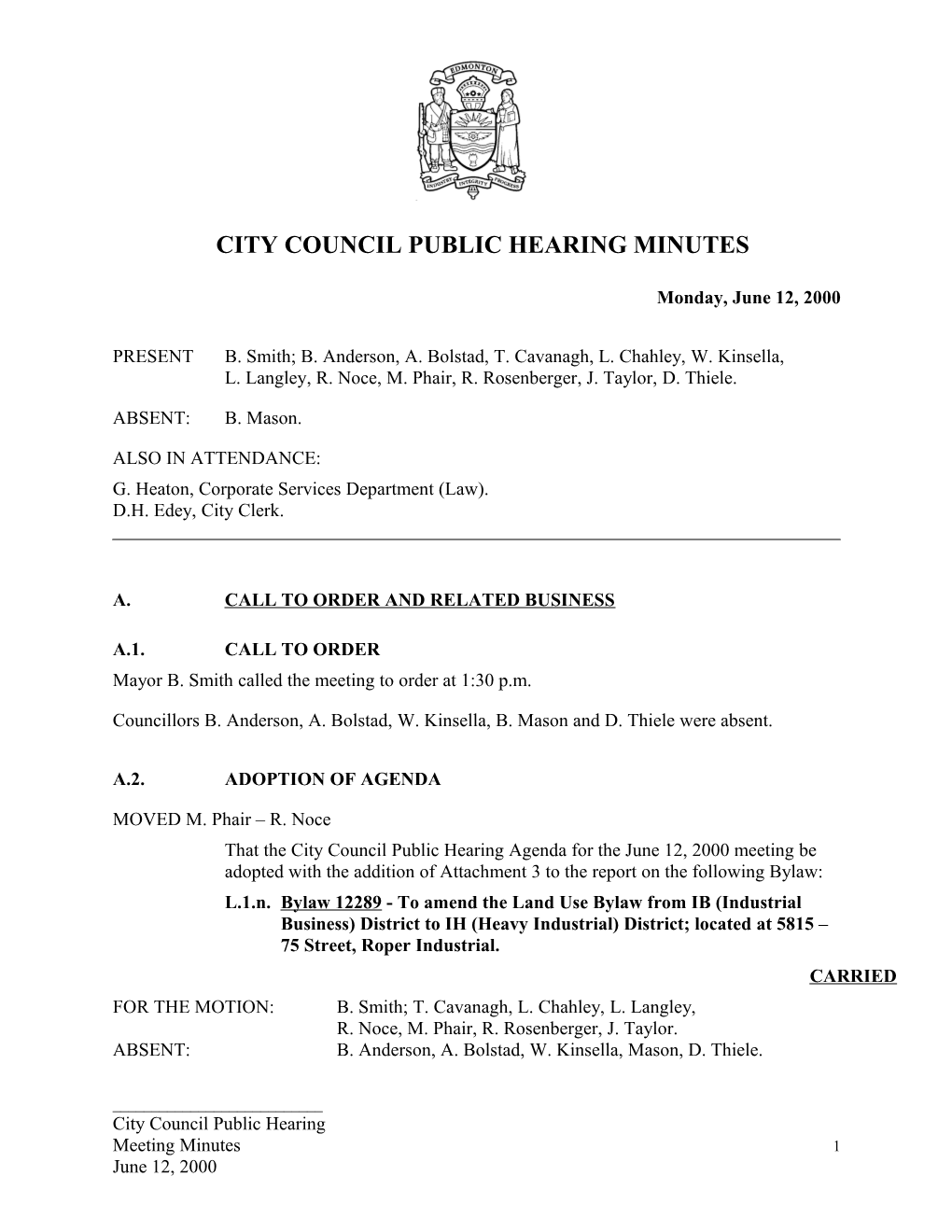 Minutes for City Council June 12, 2000 Meeting