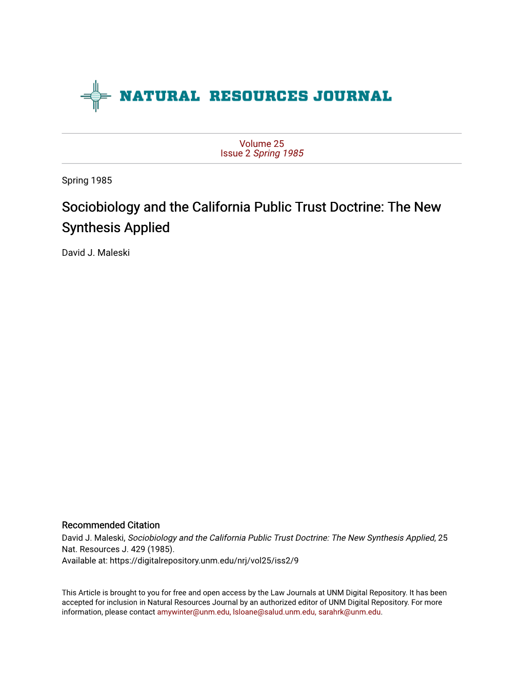 Sociobiology and the California Public Trust Doctrine: the New Synthesis Applied